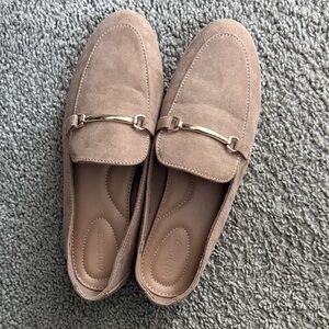 Tan Suede Loafers with Gold Accent